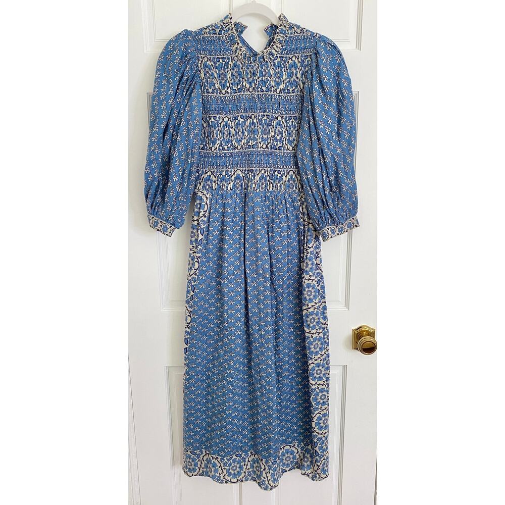 Sea New York Tuckernuck Fernanda Puff Sleeve Smocked Midi Dress Blue Cottage XS - Picture 5 of 14